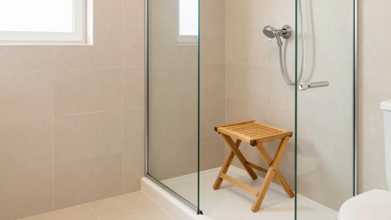 Douche senior avec receveur bas, tabouret de douche pliant en bois et douchette sur barre