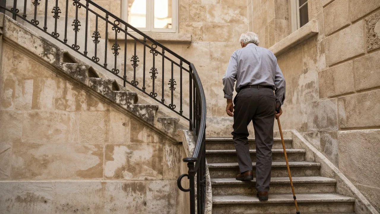 Senior avec une canne montant l’escalier en pierre d’un immeuble ancien sans ascenseur