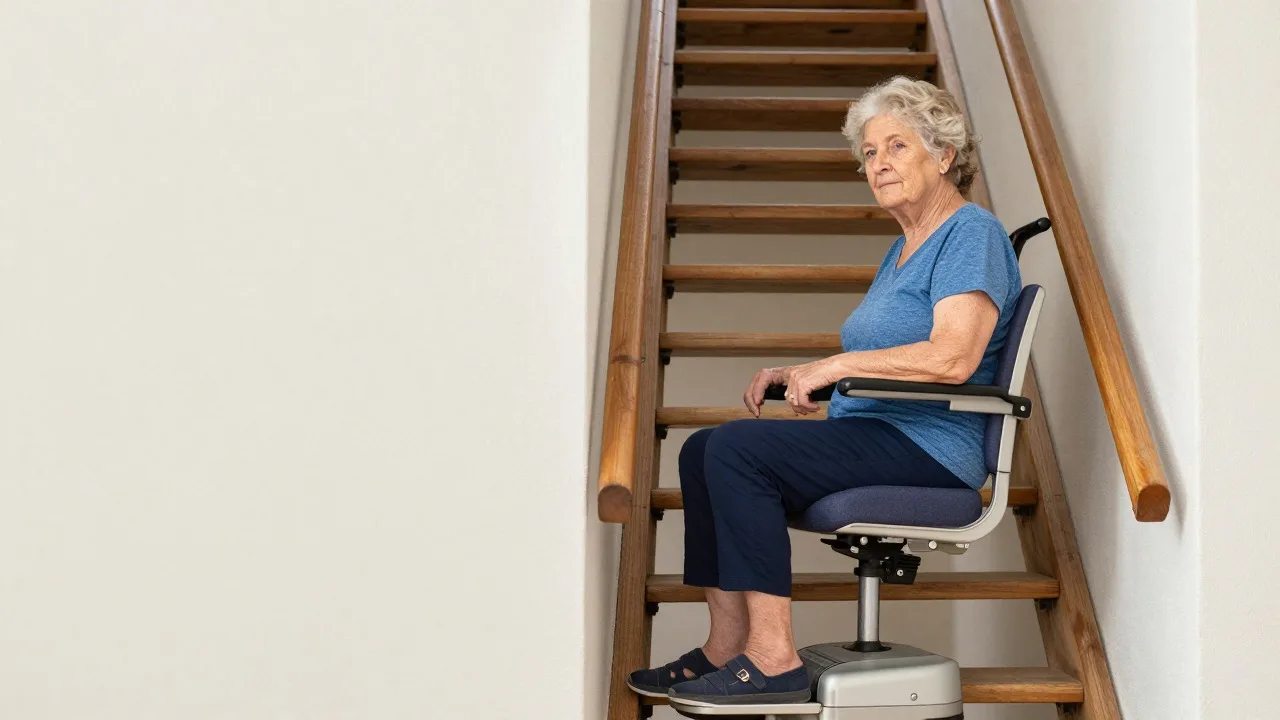 Femme âgée assise sur le siège d’un monte-escalier droit dans une maison